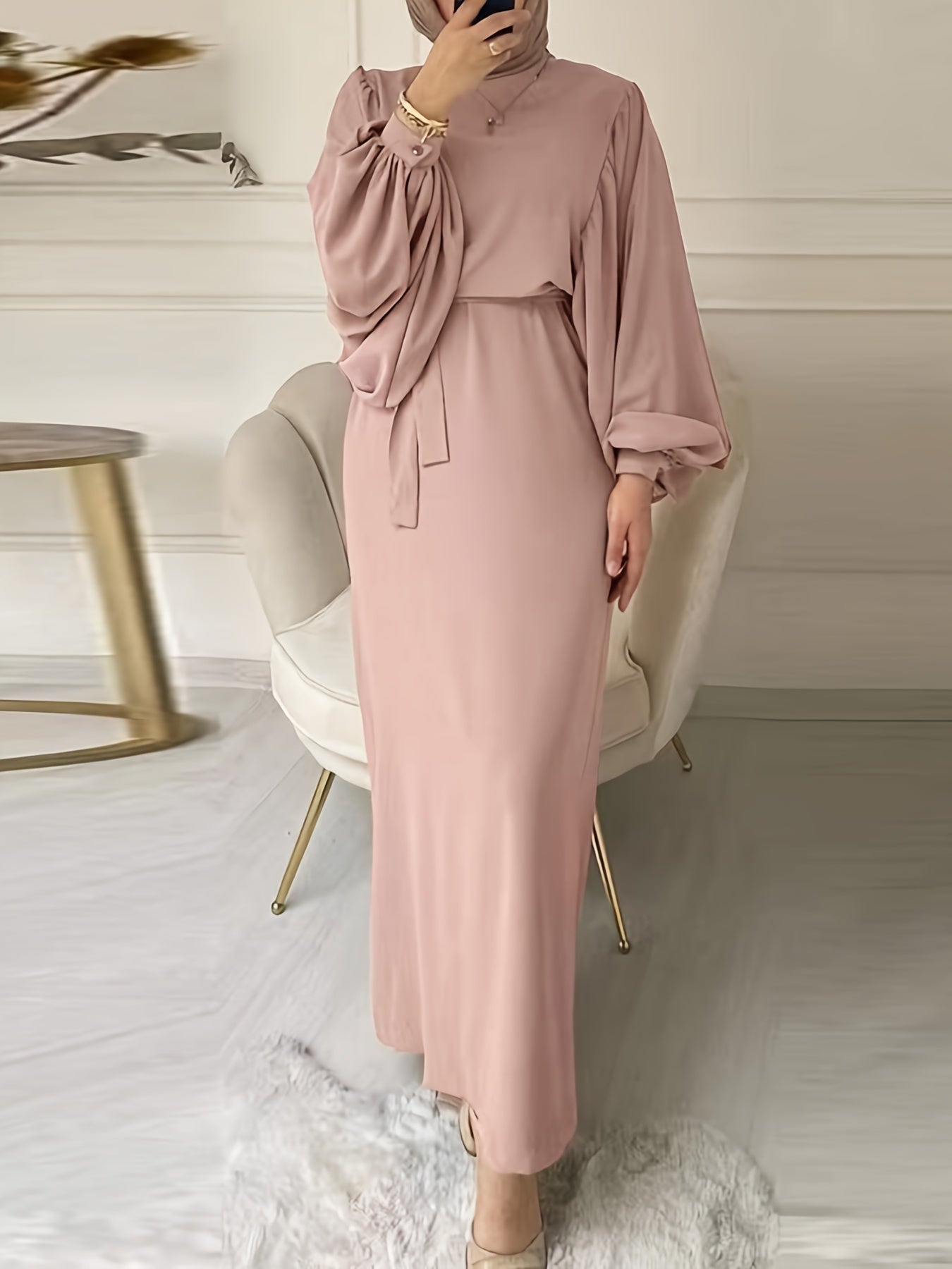 Women'S Long Dress, Solid Color, Round Neck, Lantern Sleeve, Abaya, Modern Arabic Style, Casual Dress with Belt, Polyester Fabric, 100g/m², for Adult, All Season